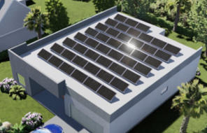 Roof view: the house faces south. and panels face south invisible behing a short parapet wall. 