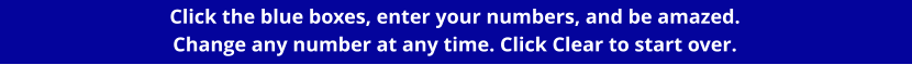 Click the blue boxes, enter your numbers, and be amazed.   Change any number at any time. Click Clear to start over.