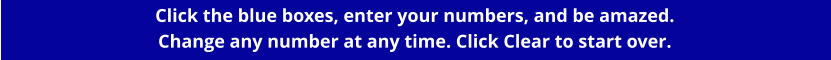 Click the blue boxes, enter your numbers, and be amazed.   Change any number at any time. Click Clear to start over.